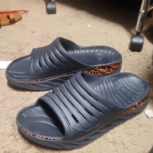 Hoka One Black Slide Sandals with Orange Accents